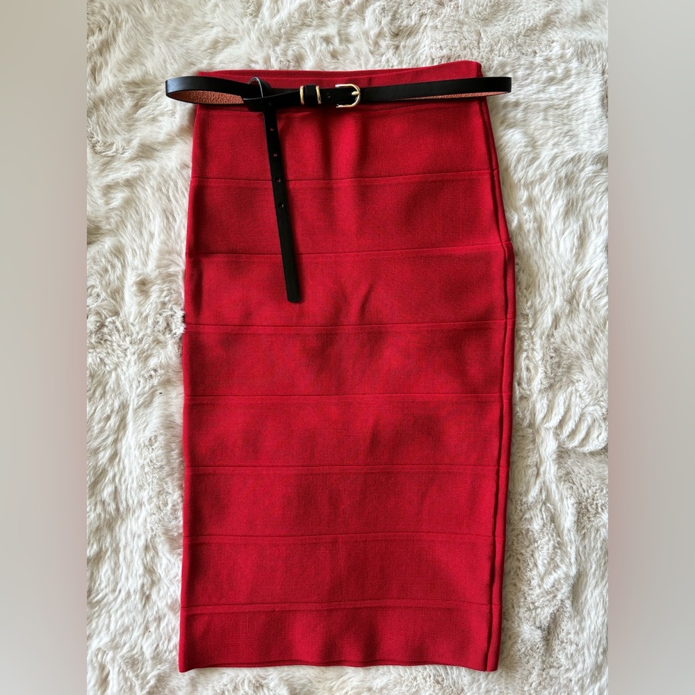 Red High-rise Midi Skirt & Belt